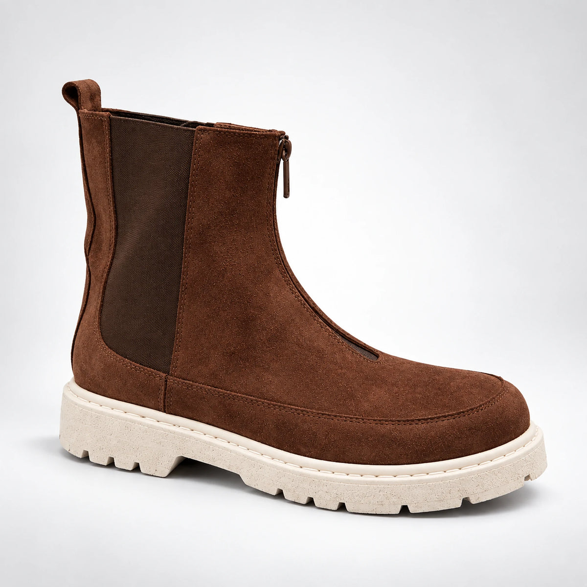 Brown genuine leather women's boot, profile studio shot