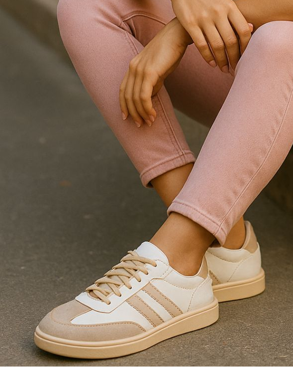 Beige sneakers with white stripes worn by a person sitting on the ground.