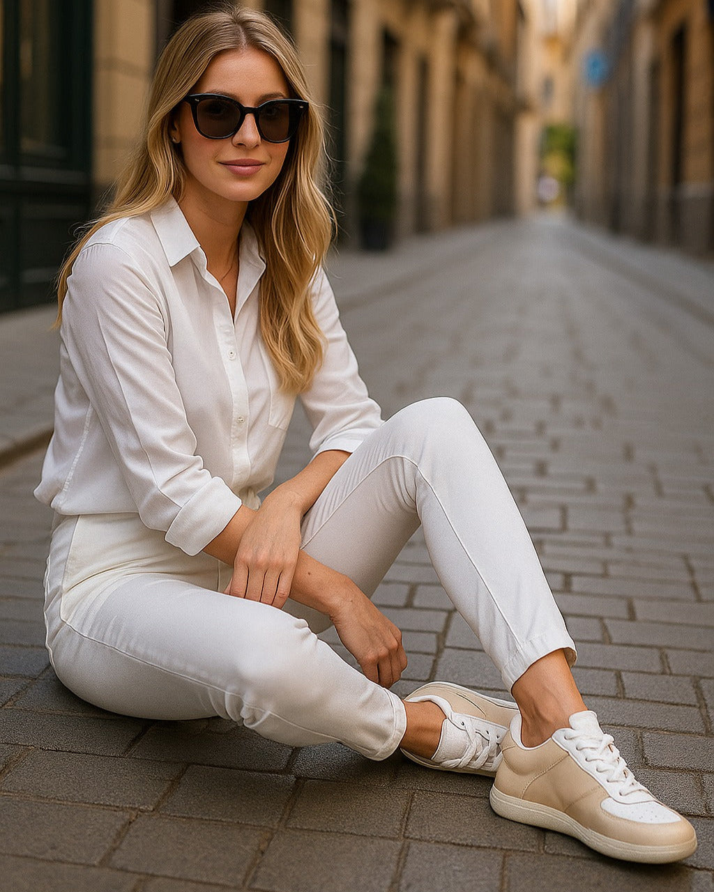 Woman sitting on a street wearing a white outfit with sunglasses