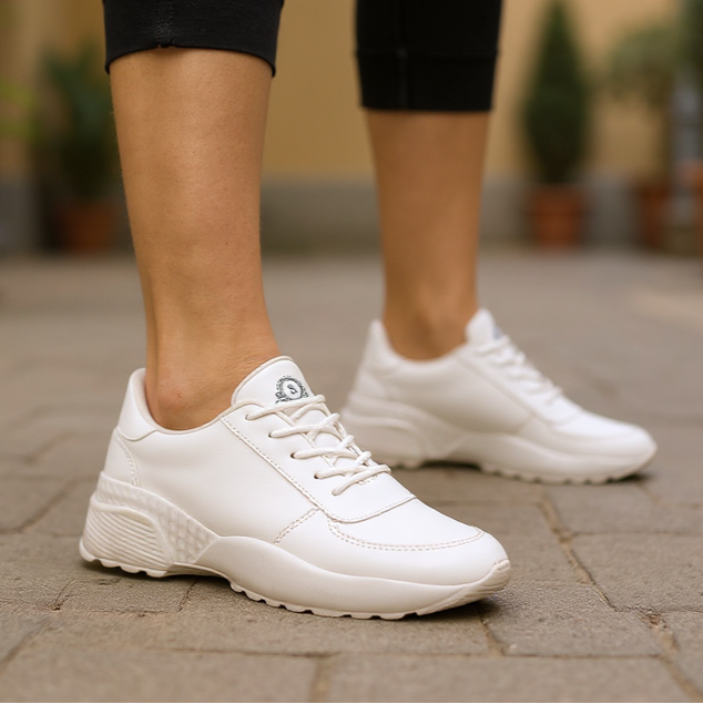 White sneakers worn on a paved surface with a blurred background