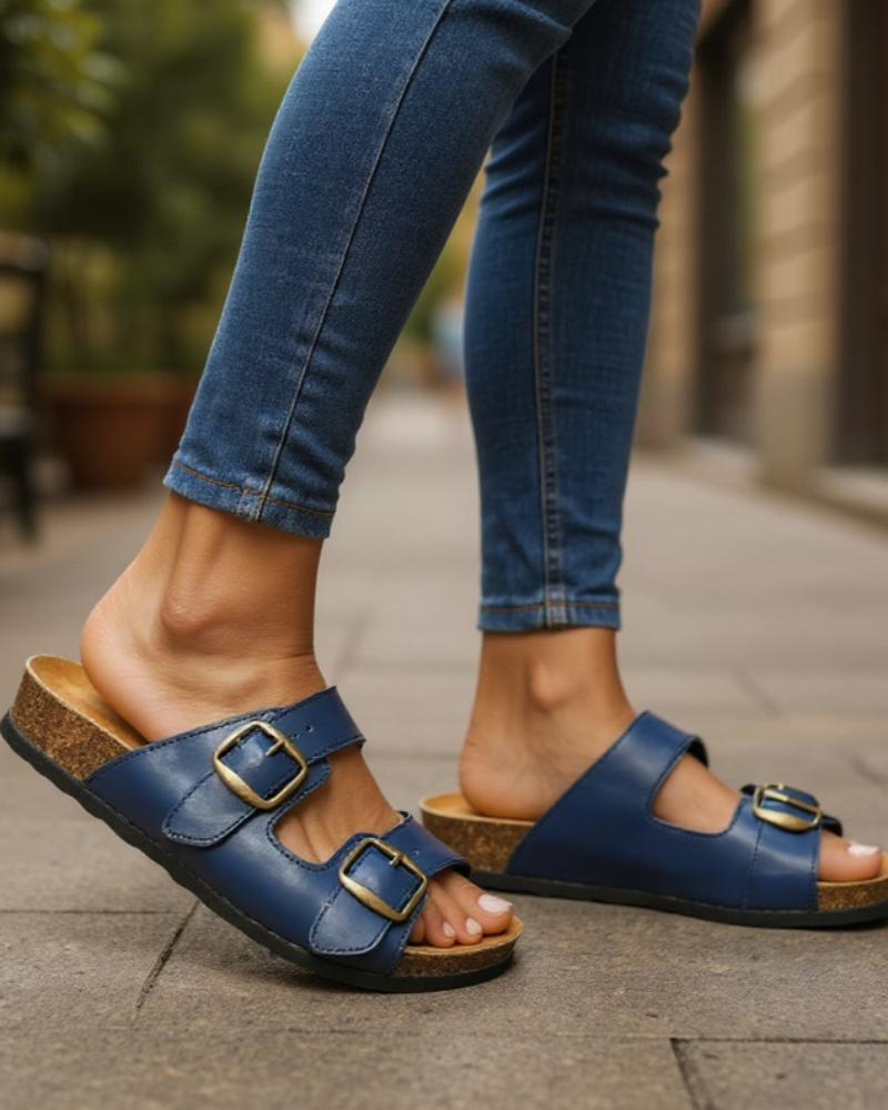 Blue sandals with gold buckles worn with blue jeans on a blurred outdoor background