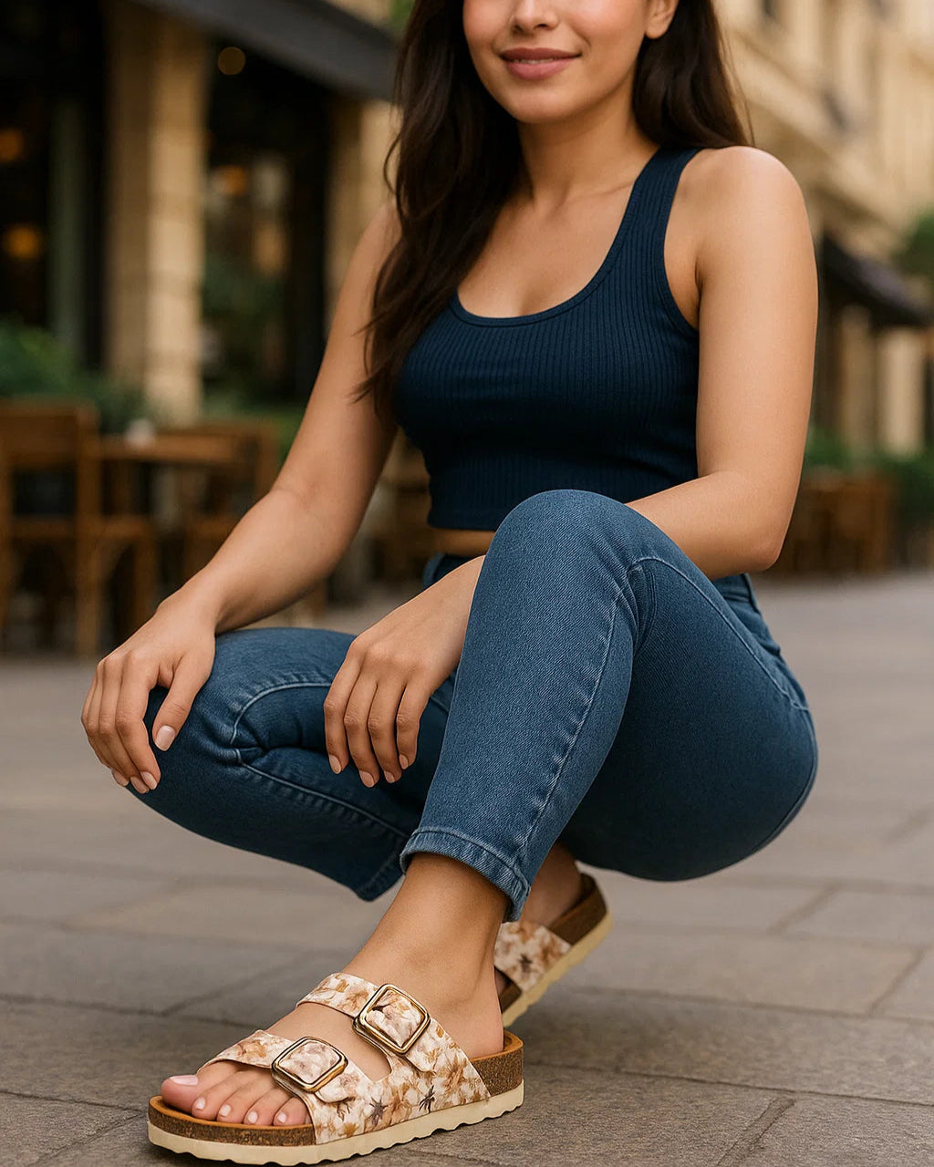 Woman sitting on a street wearing a blue tank top and jeans with sandals.