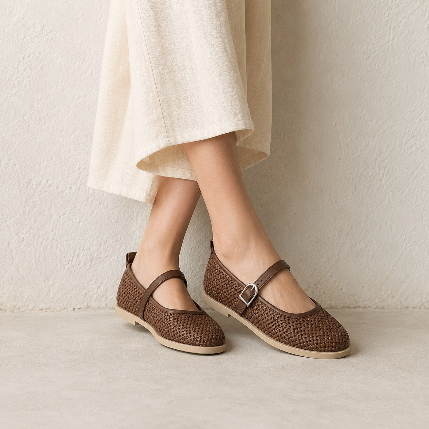 Women’s Woven Mary Jane Flats – Buckle Strap Casual Shoes