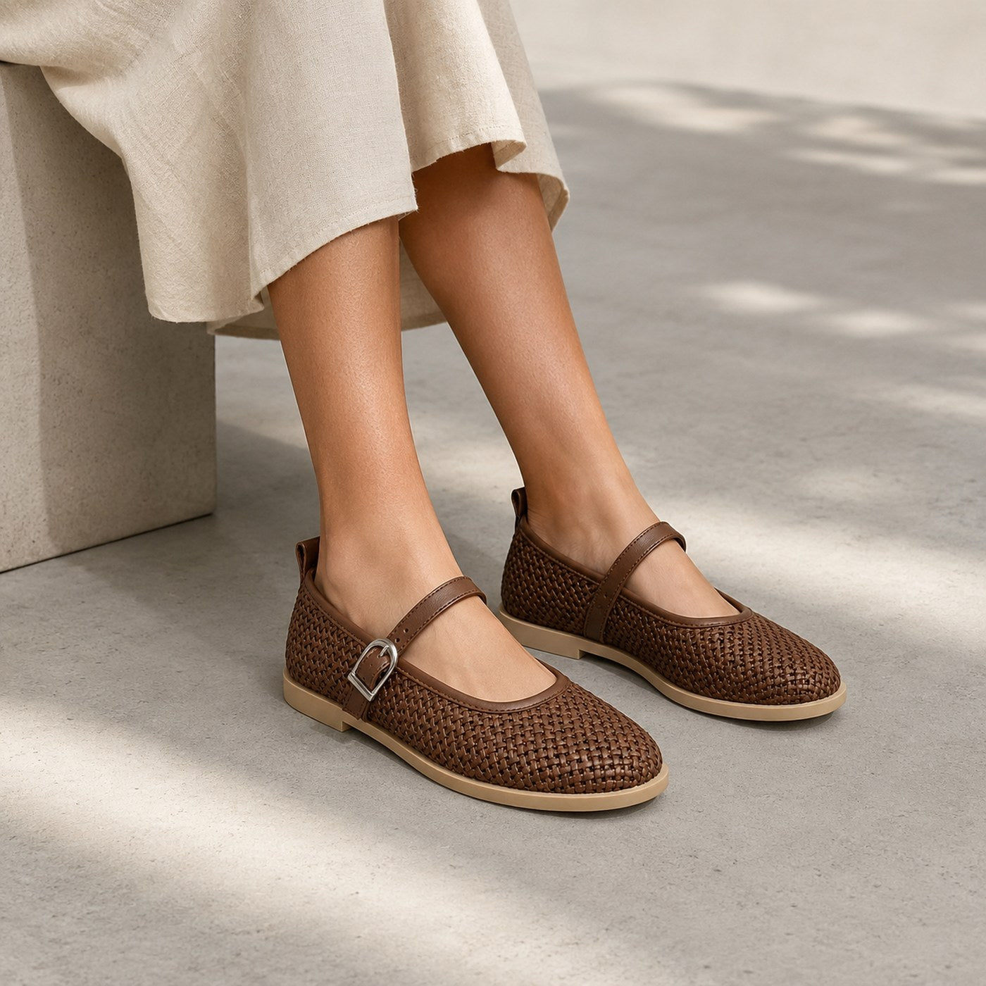 Women’s Woven Mary Jane Flats – Buckle Strap Casual Shoes