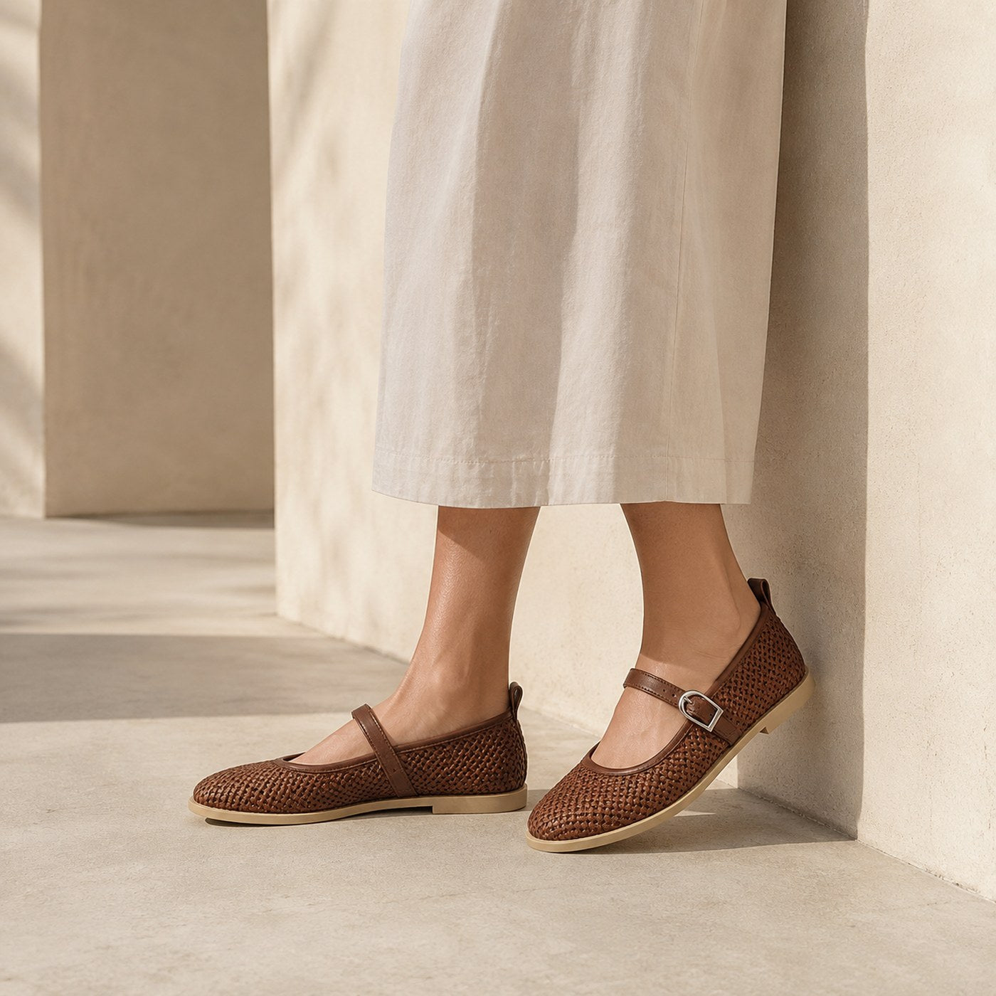 Women’s Woven Mary Jane Flats – Buckle Strap Casual Shoes