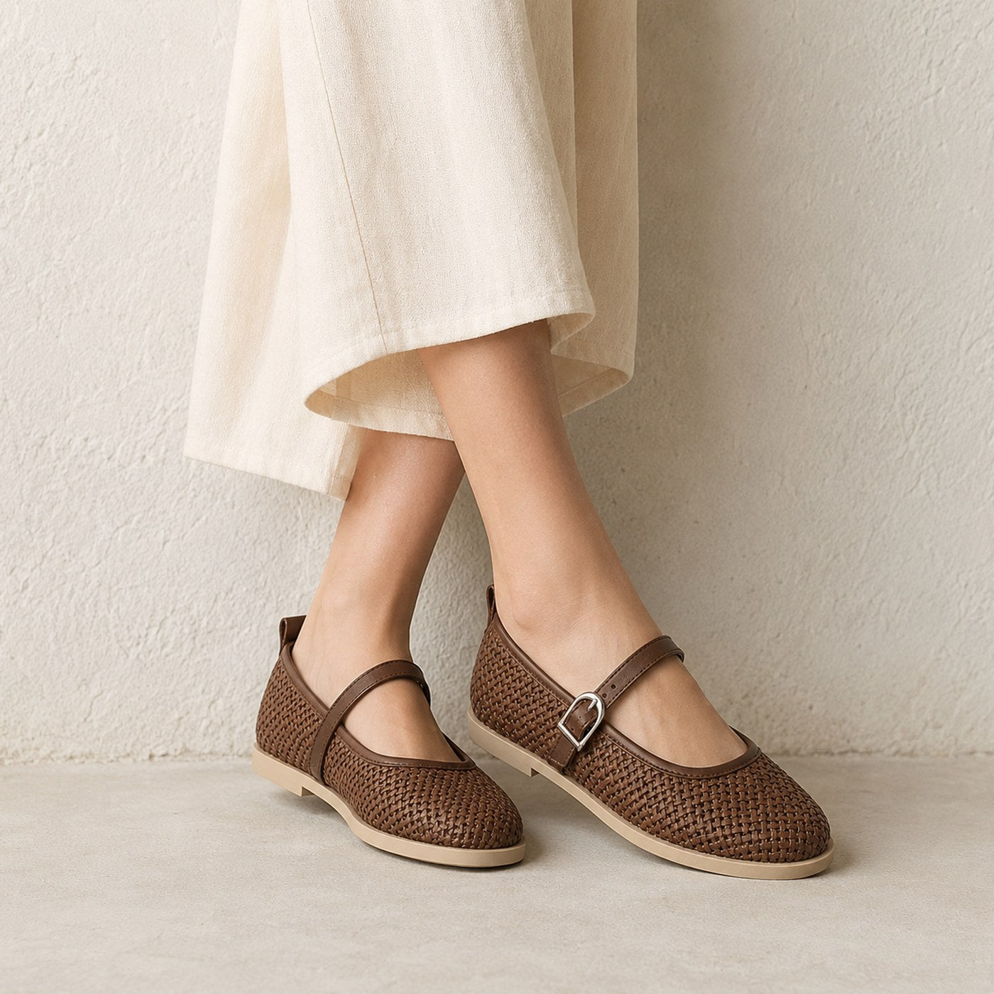 Women’s Woven Mary Jane Flats – Buckle Strap Casual Shoes