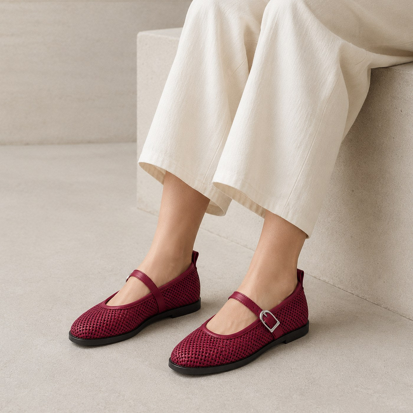 Women’s Woven Mary Jane Flats – Buckle Strap Casual Shoes