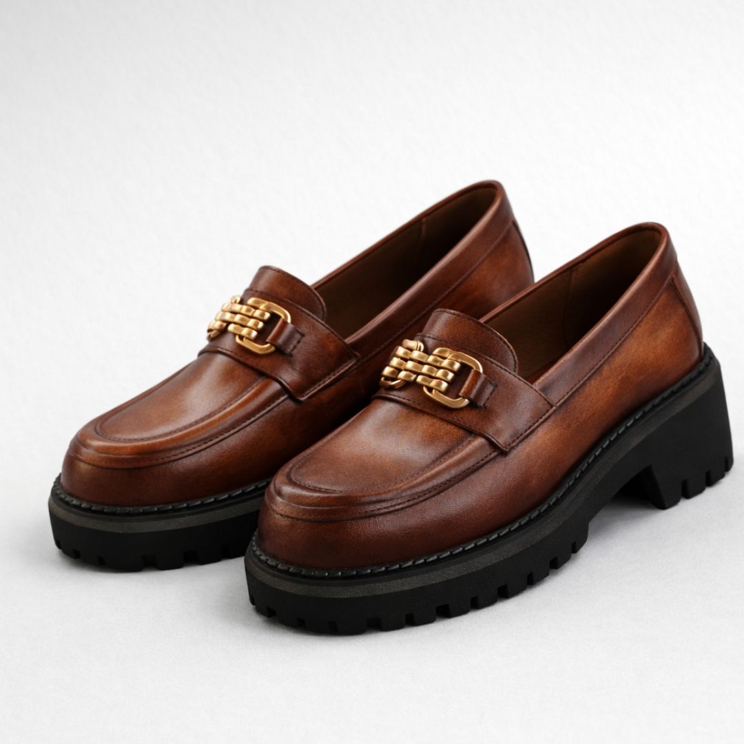 Brown loafers with gold buckles on a white background