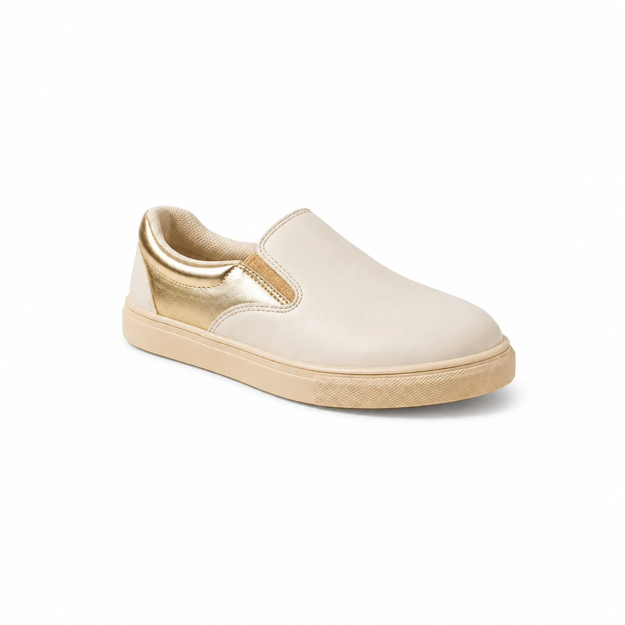 A single slip-on sneaker in off-white leather with metallic gold accents on the heel and collar, and a beige textured sole, shown on a plain white background.