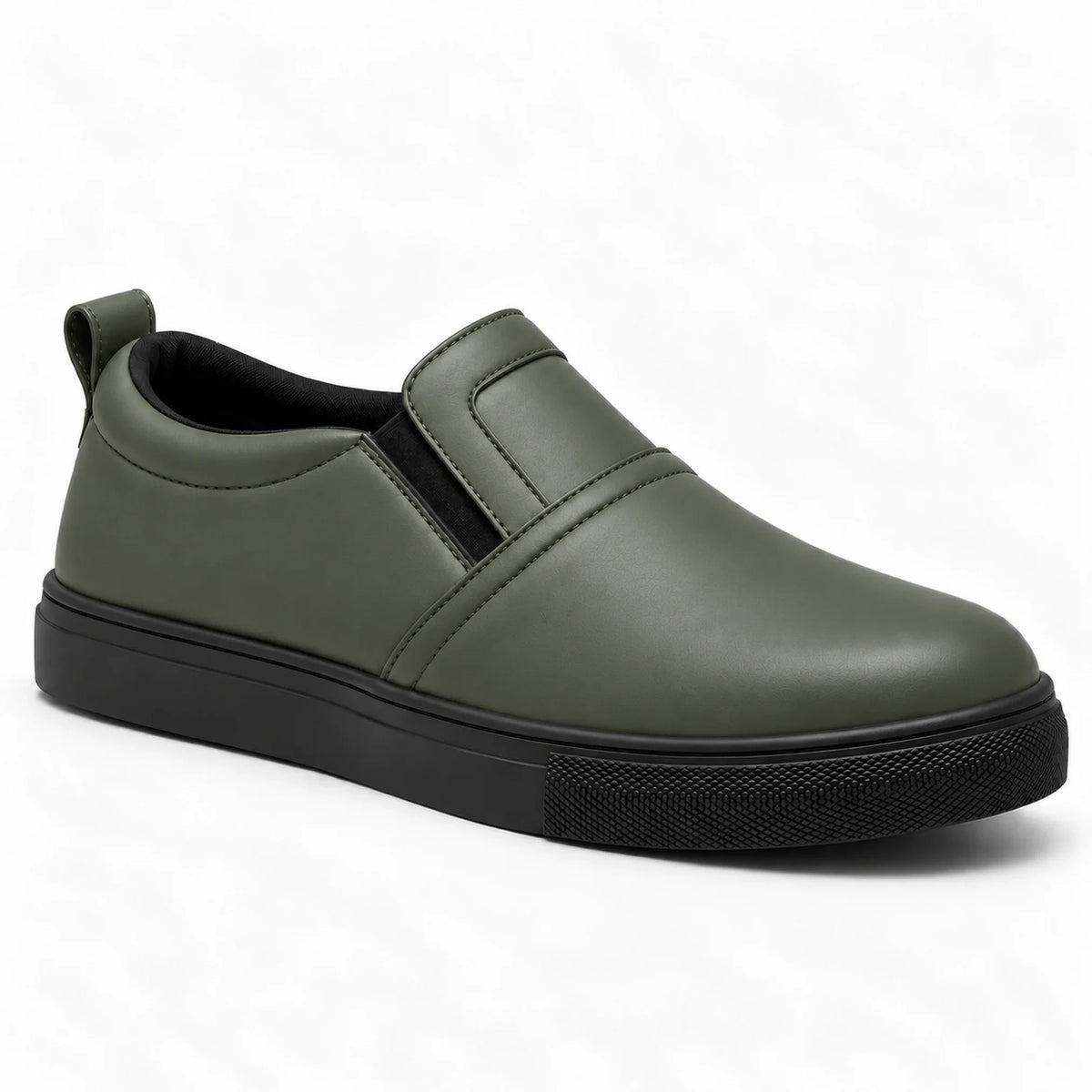 1043 olive green genuine leather slip-on sneaker with smooth upper and black sole - profile
