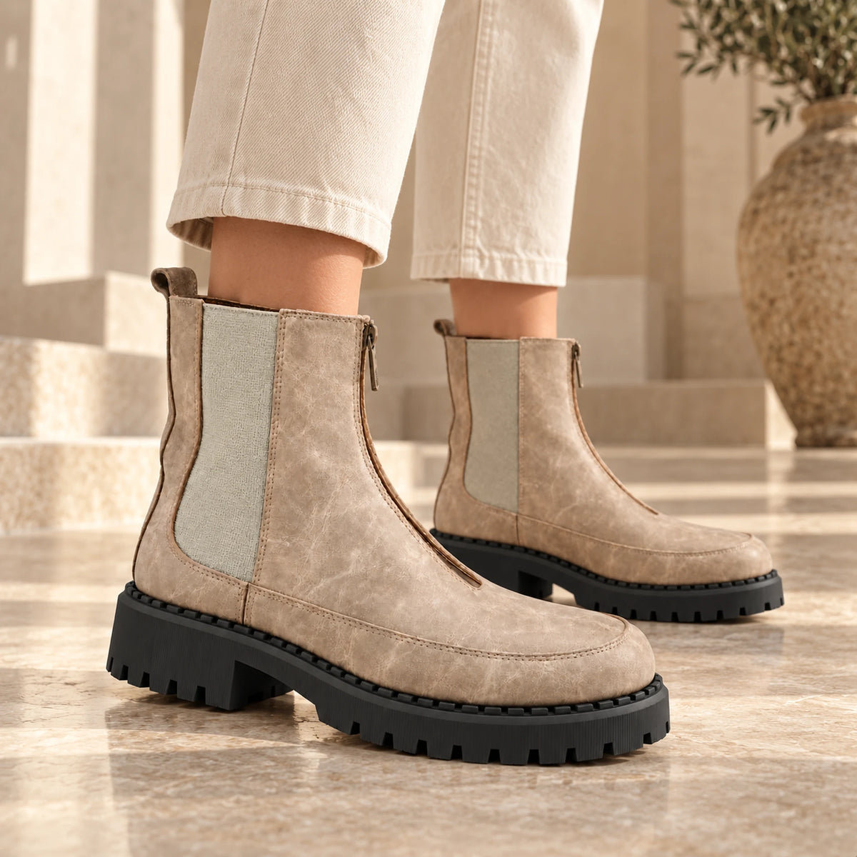 Women's Genuine Leather Chelsea Boot – Front Zip & Chunky Lug Sole