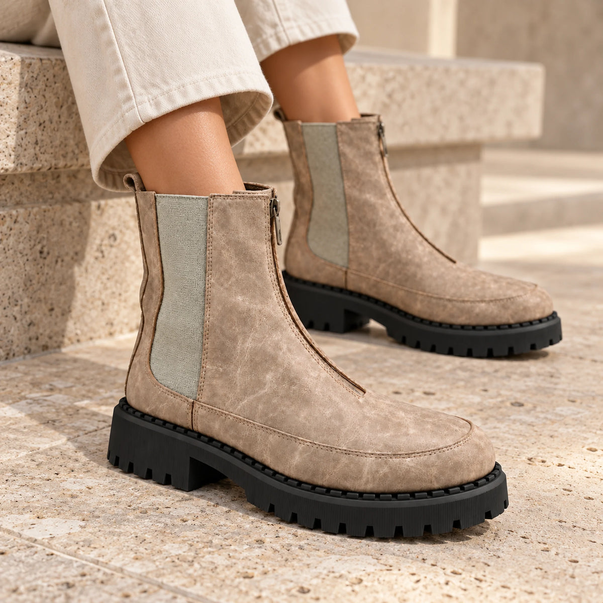 Women's Genuine Leather Chelsea Boot – Front Zip & Chunky Lug Sole