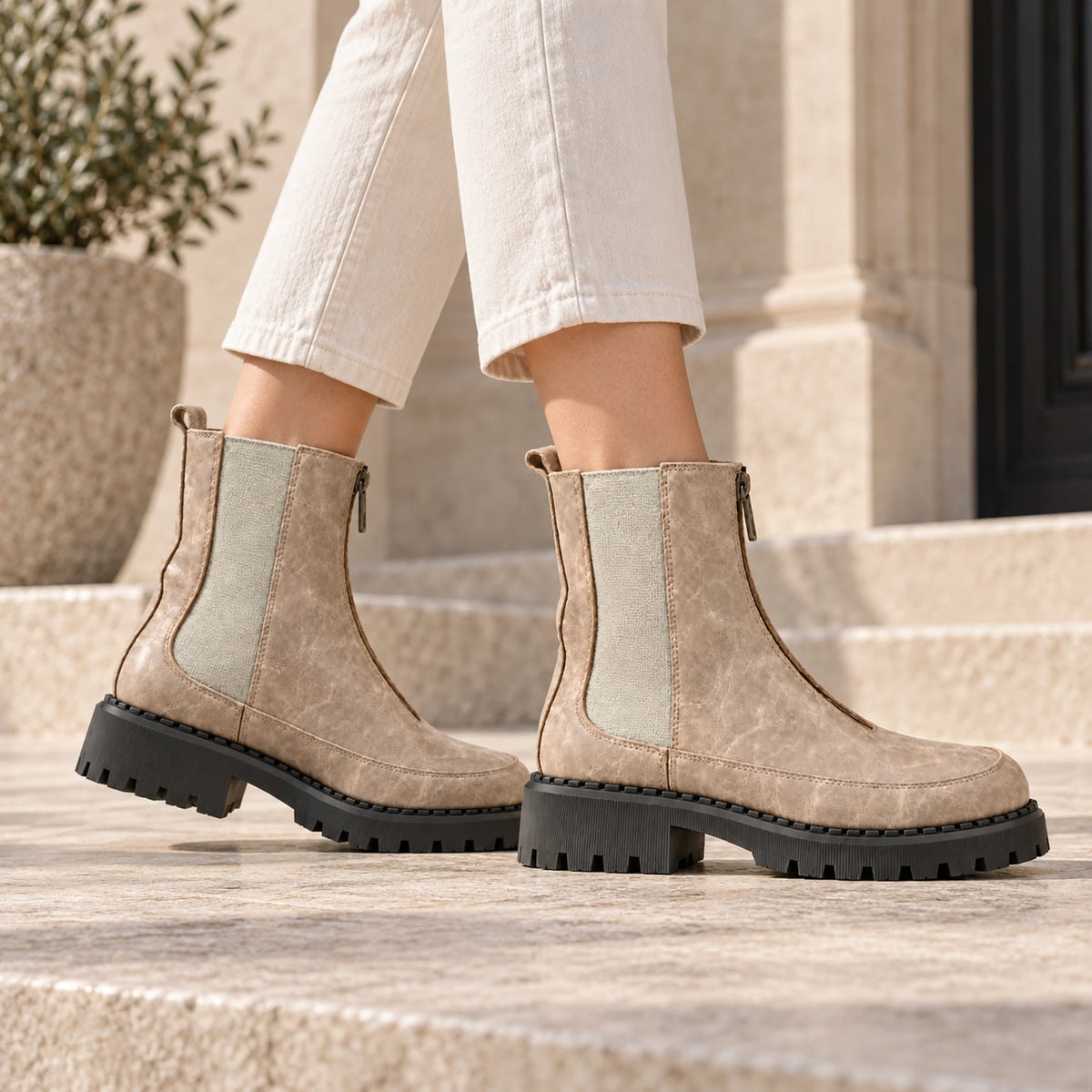 Women's Genuine Leather Chelsea Boot – Front Zip & Chunky Lug Sole