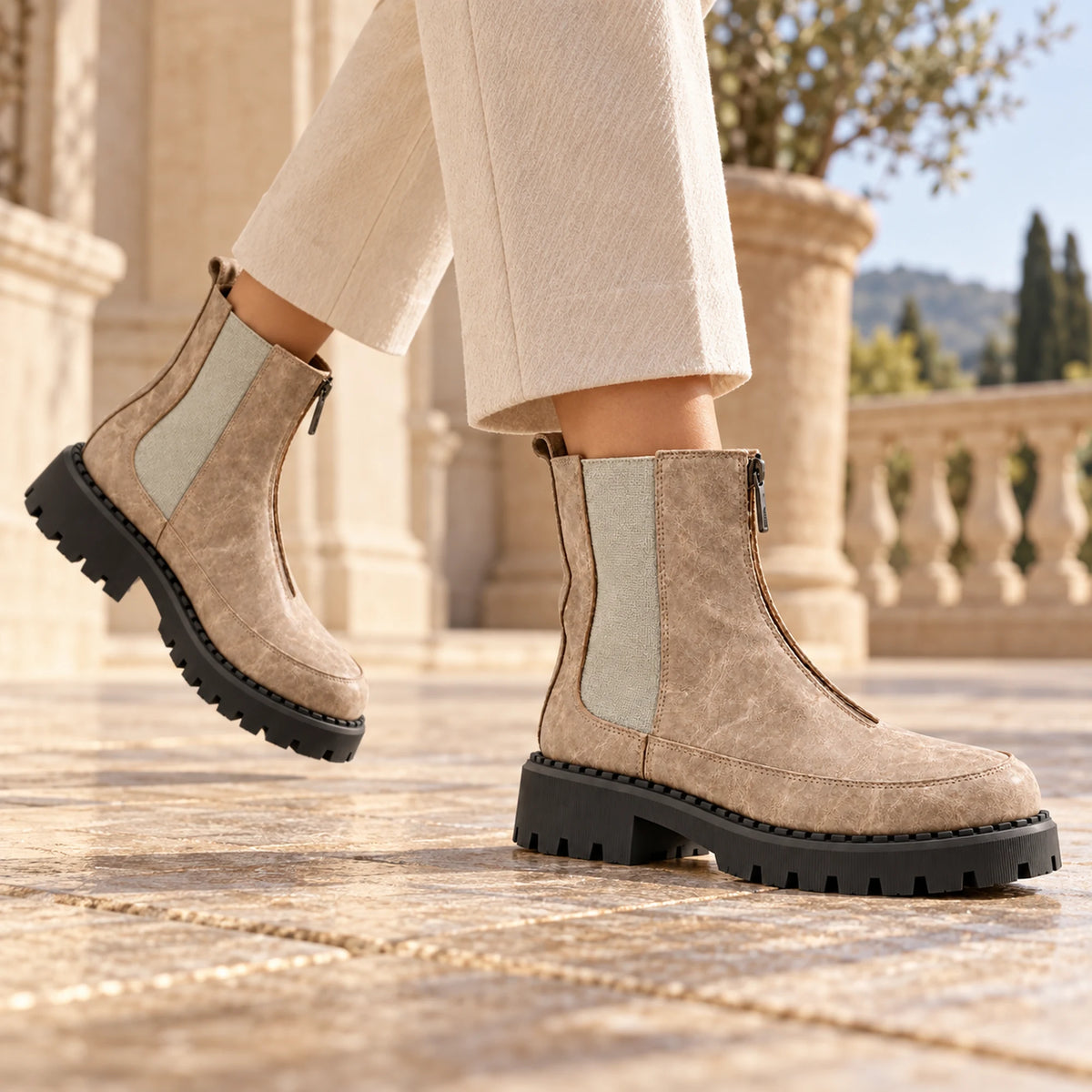 Women's Genuine Leather Chelsea Boot – Front Zip & Chunky Lug Sole