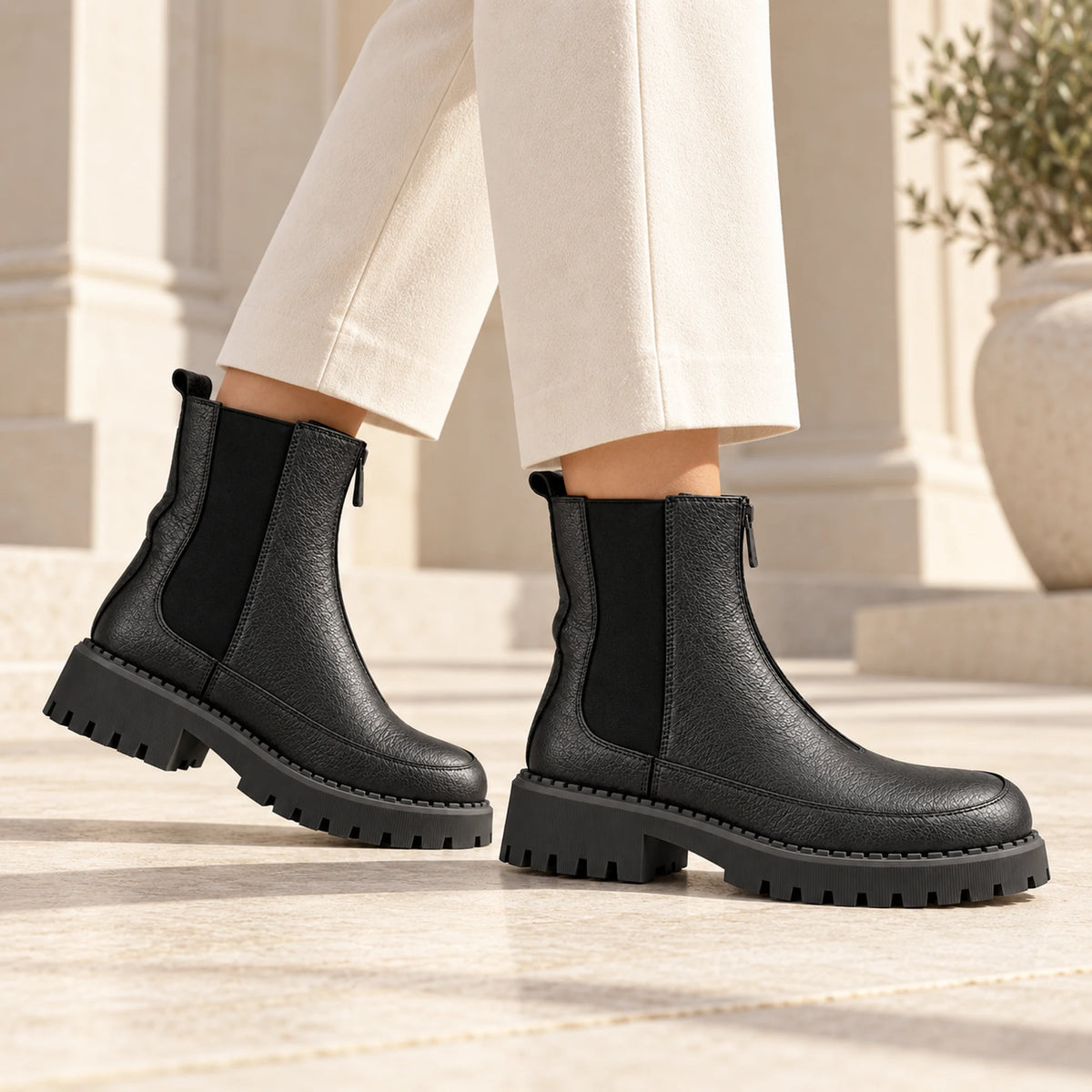 Women's Genuine Leather Chelsea Boot – Front Zip & Chunky Lug Sole