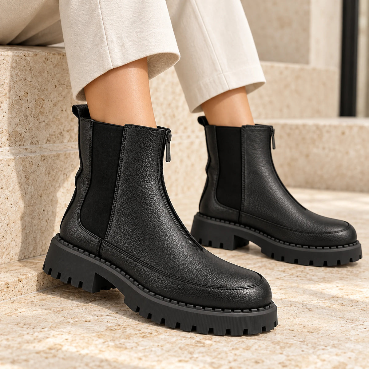 Women's Genuine Leather Chelsea Boot – Front Zip & Chunky Lug Sole
