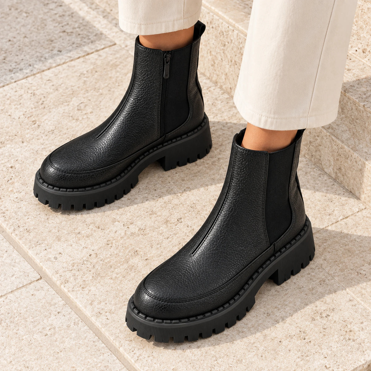 Women's Genuine Leather Chelsea Boot – Front Zip & Chunky Lug Sole