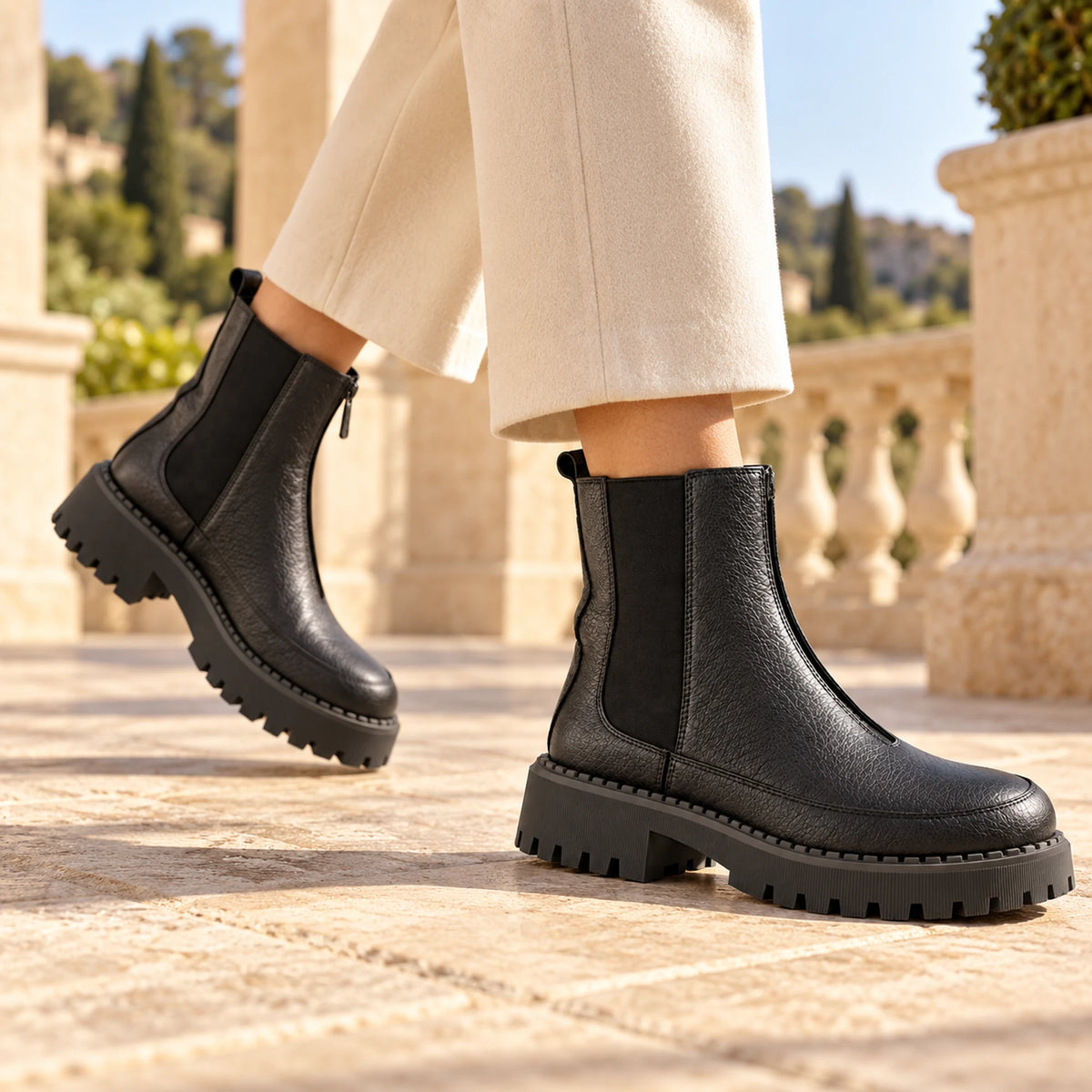 Women's Genuine Leather Chelsea Boot – Front Zip & Chunky Lug Sole