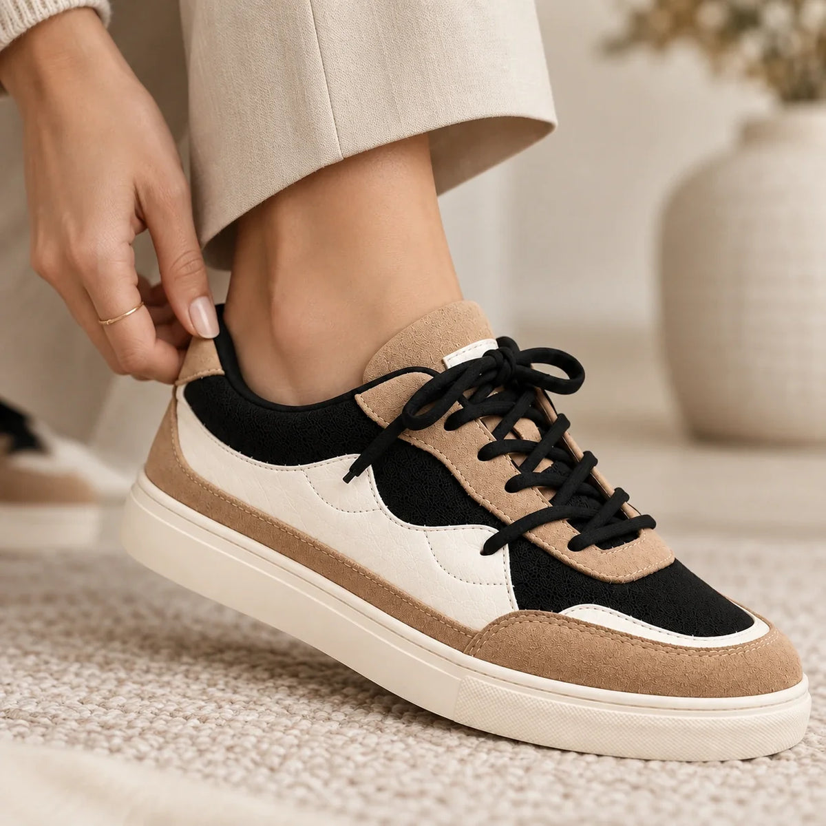 Close-up detail of the tri-tone sneaker's embossed faux leather texture