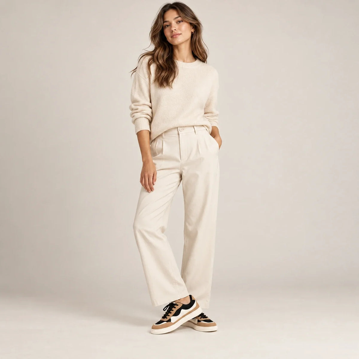 Full-body editorial shot of a model wearing the Shoppingooo tri-tone sneaker