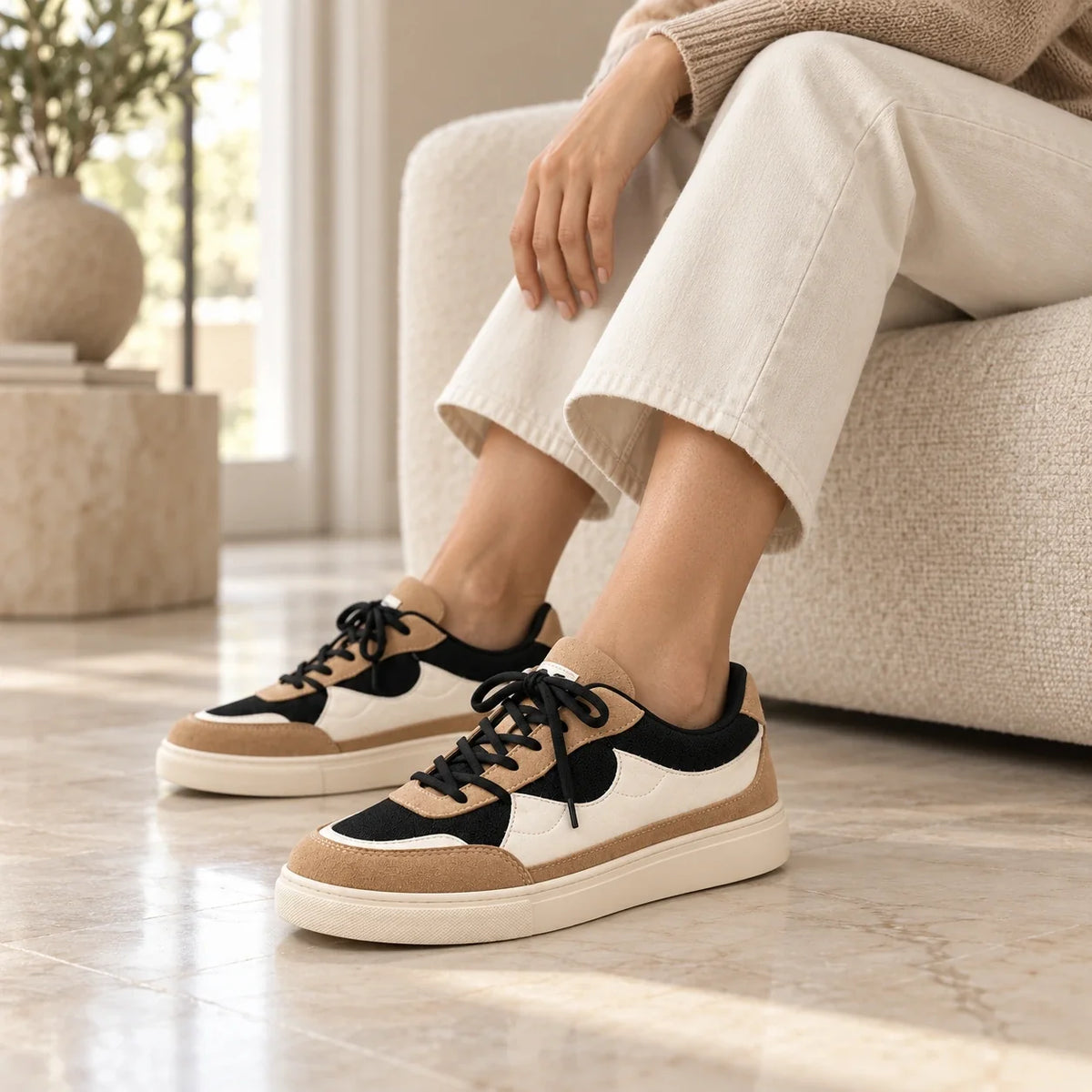 Shoppingooo tri-tone sneaker styled in a lifestyle interior setting