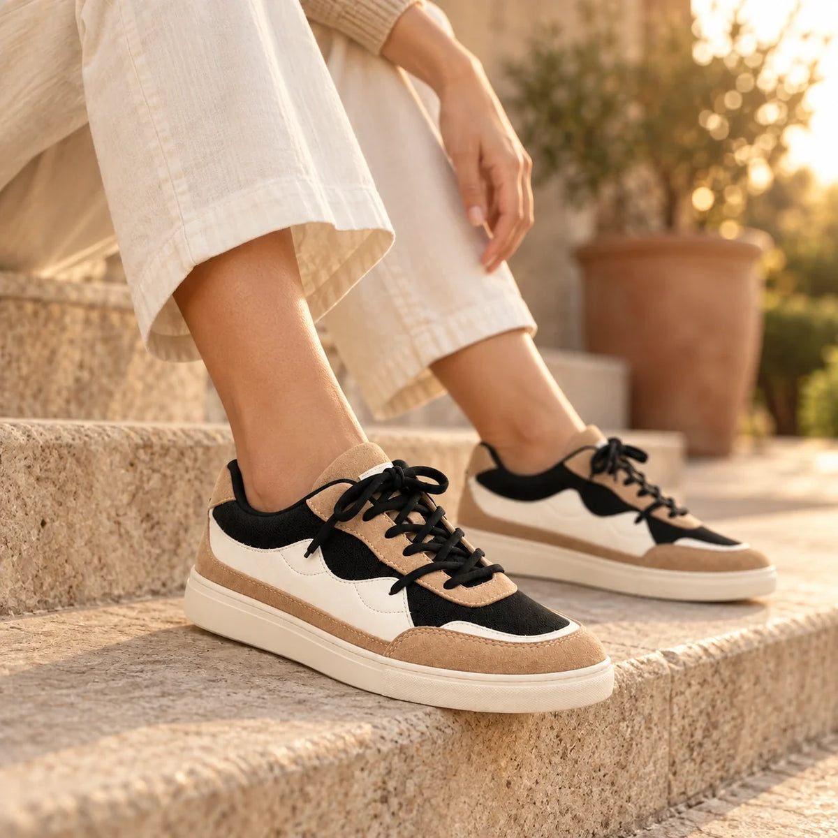 Shoppingooo tri-tone sneaker photographed outdoors at golden hour
