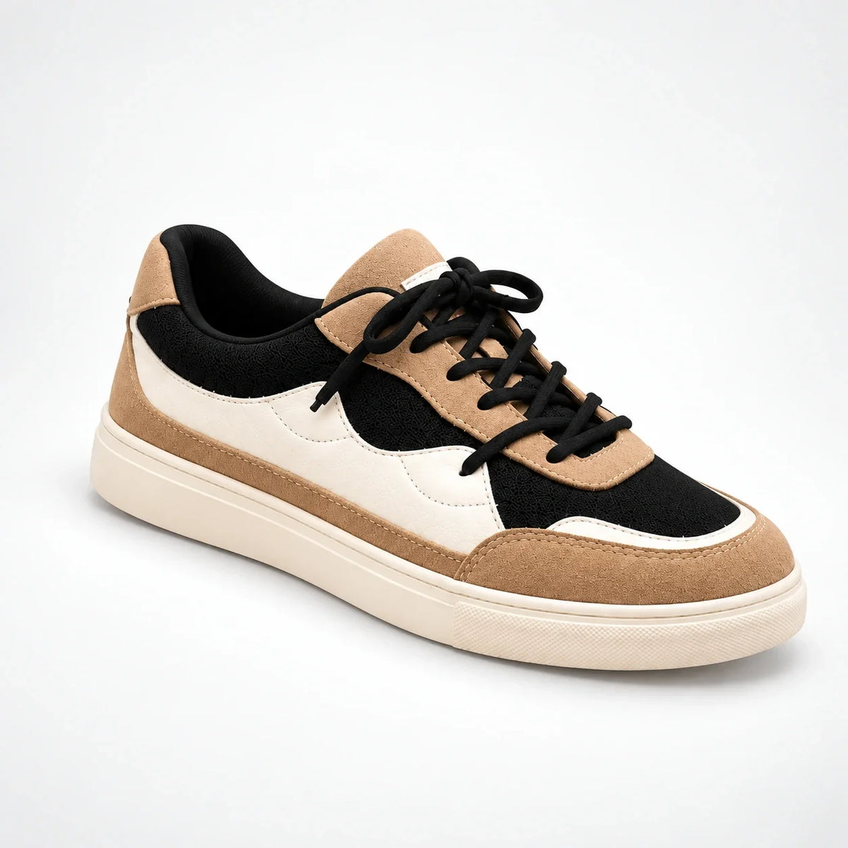 Shoppingooo tri-tone sneaker in beige, black and white – studio product shot