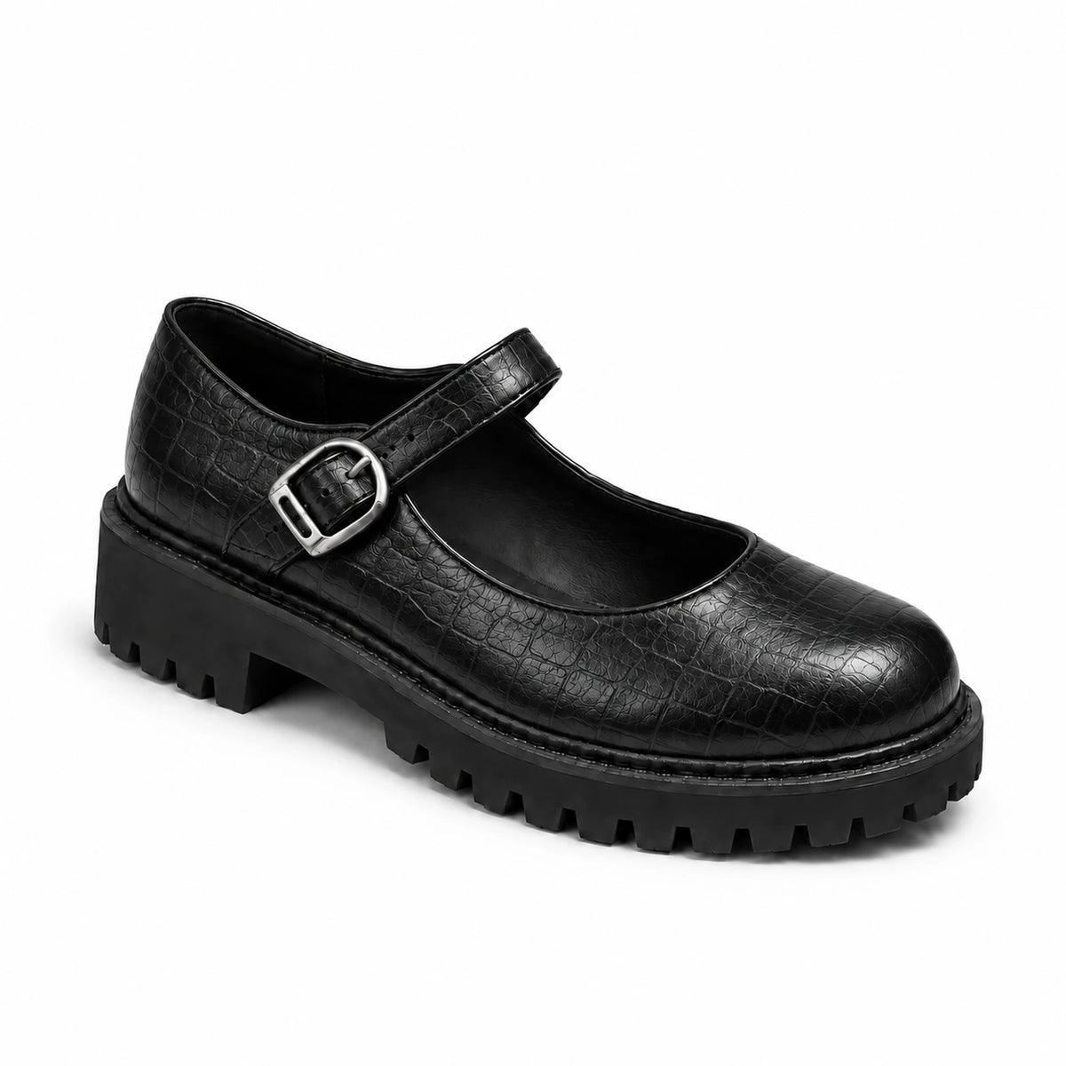A navy blue Mary Jane shoe with a textured knit upper, a single hook-and-loop strap, and a dark gray wedge sole, shown on a light gray background.