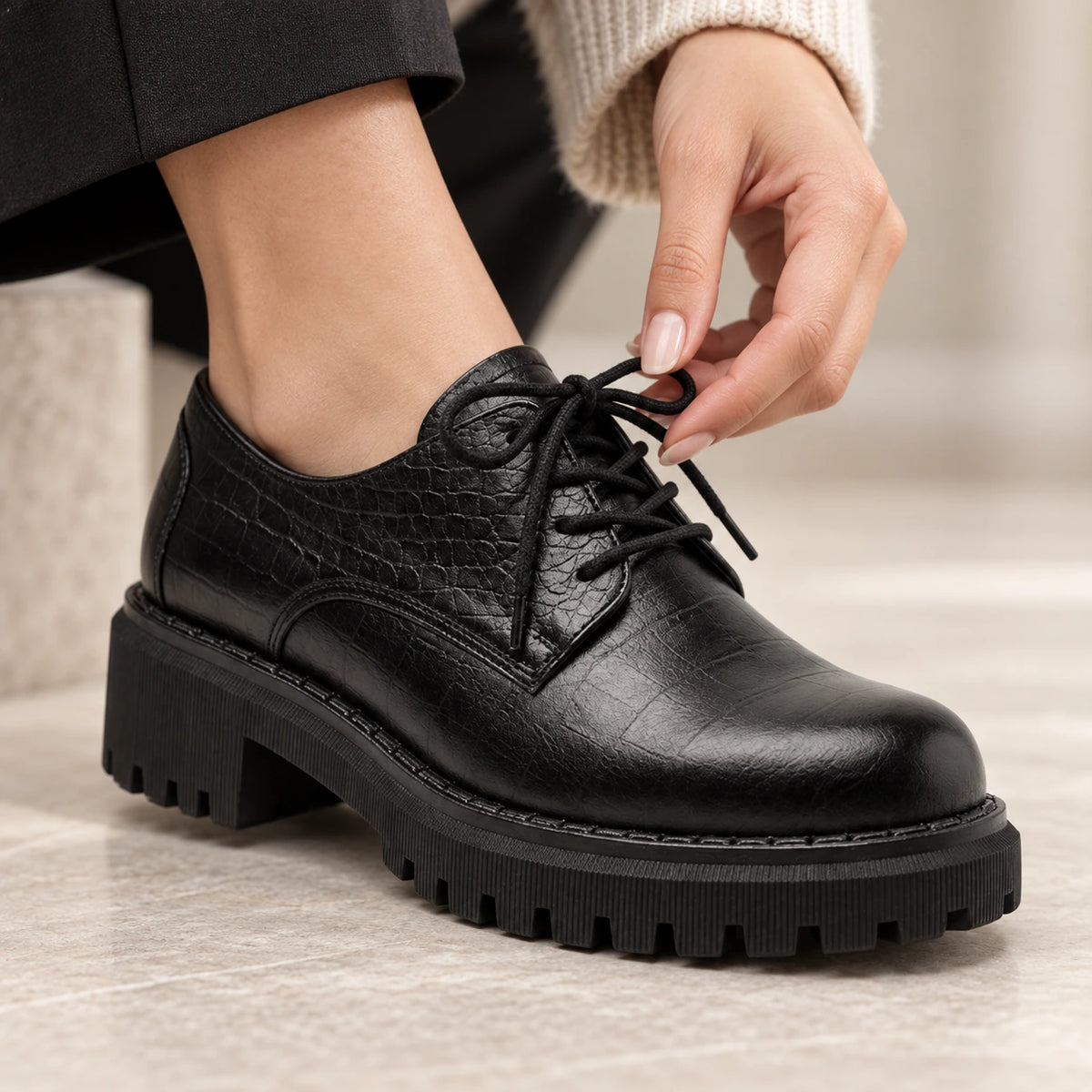 A close-up of a person wearing a black textured lace-up oxford-style shoe with a chunky lug sole, while adjusting the laces with a hand.