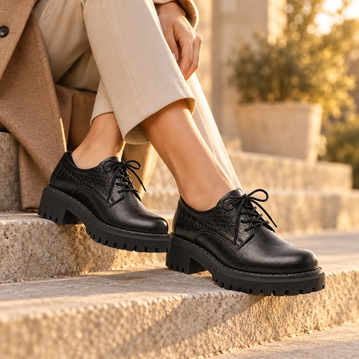 A person sitting on stone steps wearing black lace-up oxford-style shoes with chunky lug soles, paired with beige trousers and a brown coat in an outdoor setting.