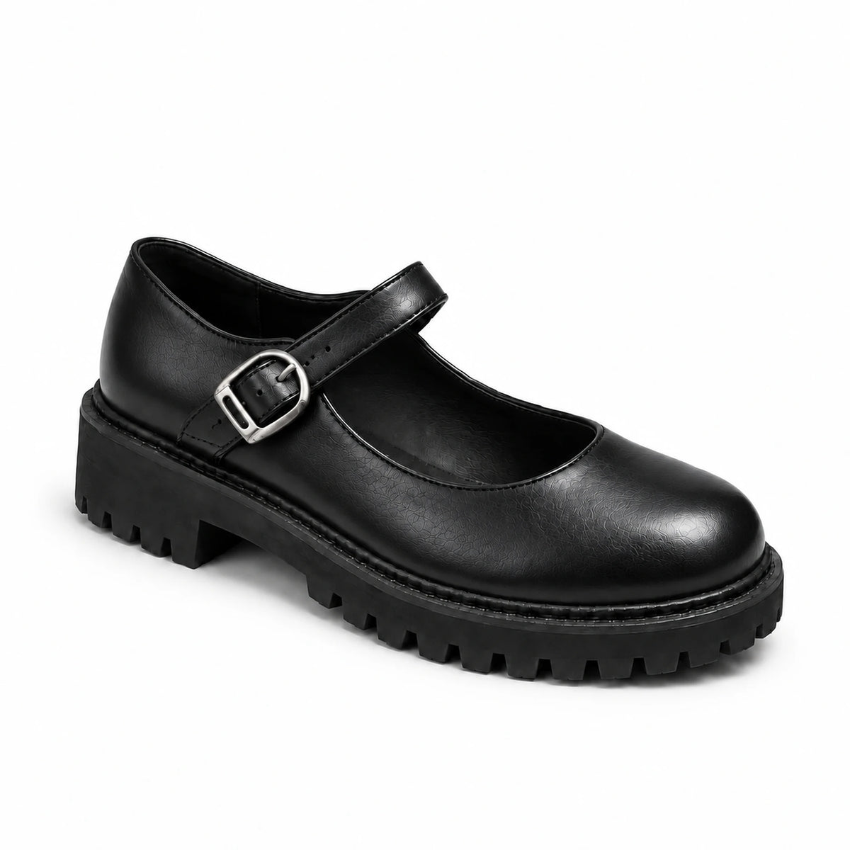 Black leather Mary Jane loafer, profile view