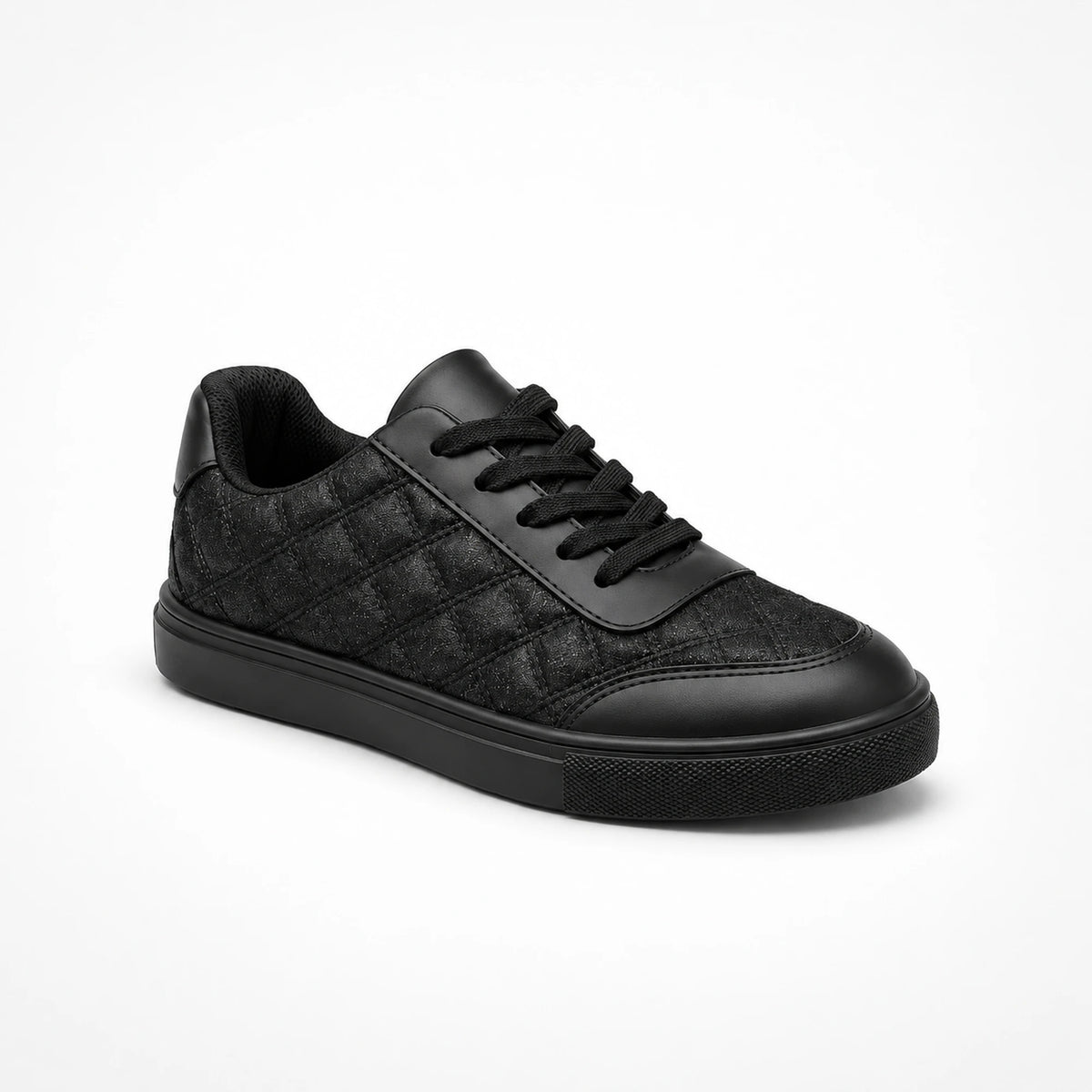 Black low-top quilted sneaker with shiny side panel, three-quarter view