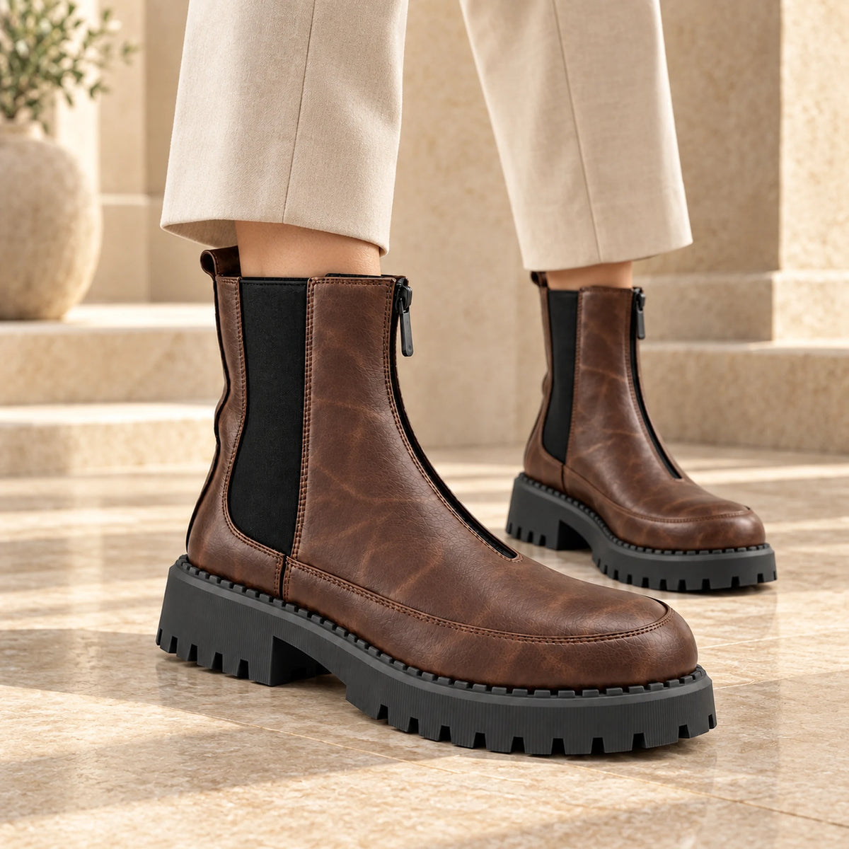 Women's Genuine Leather Chelsea Boot – Front Zip & Chunky Lug Sole