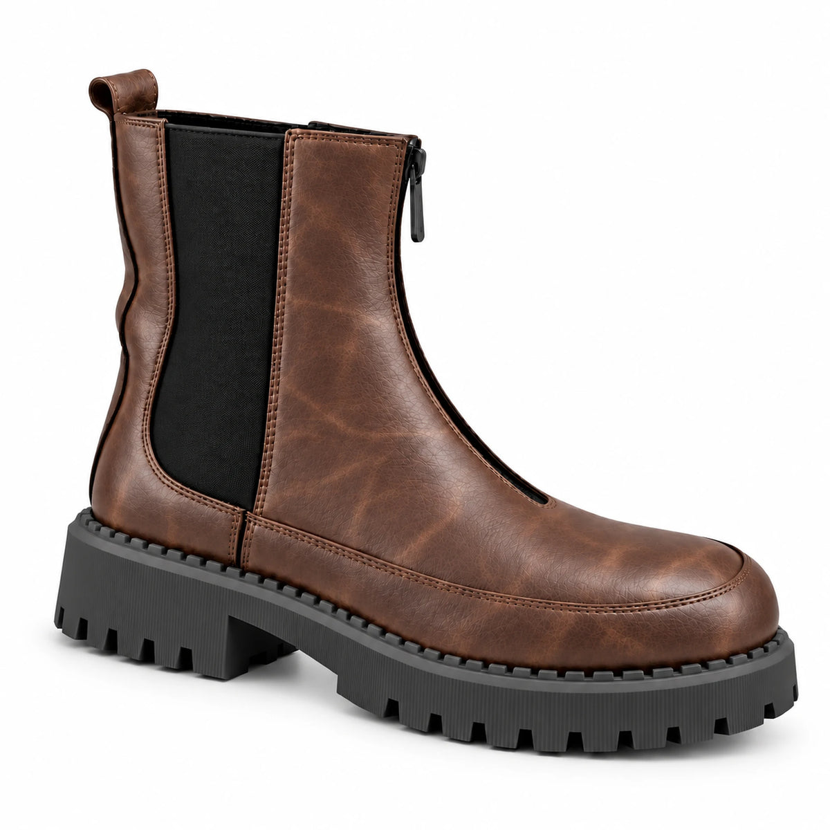 Women's Genuine Leather Chelsea Boot – Front Zip & Chunky Lug Sole