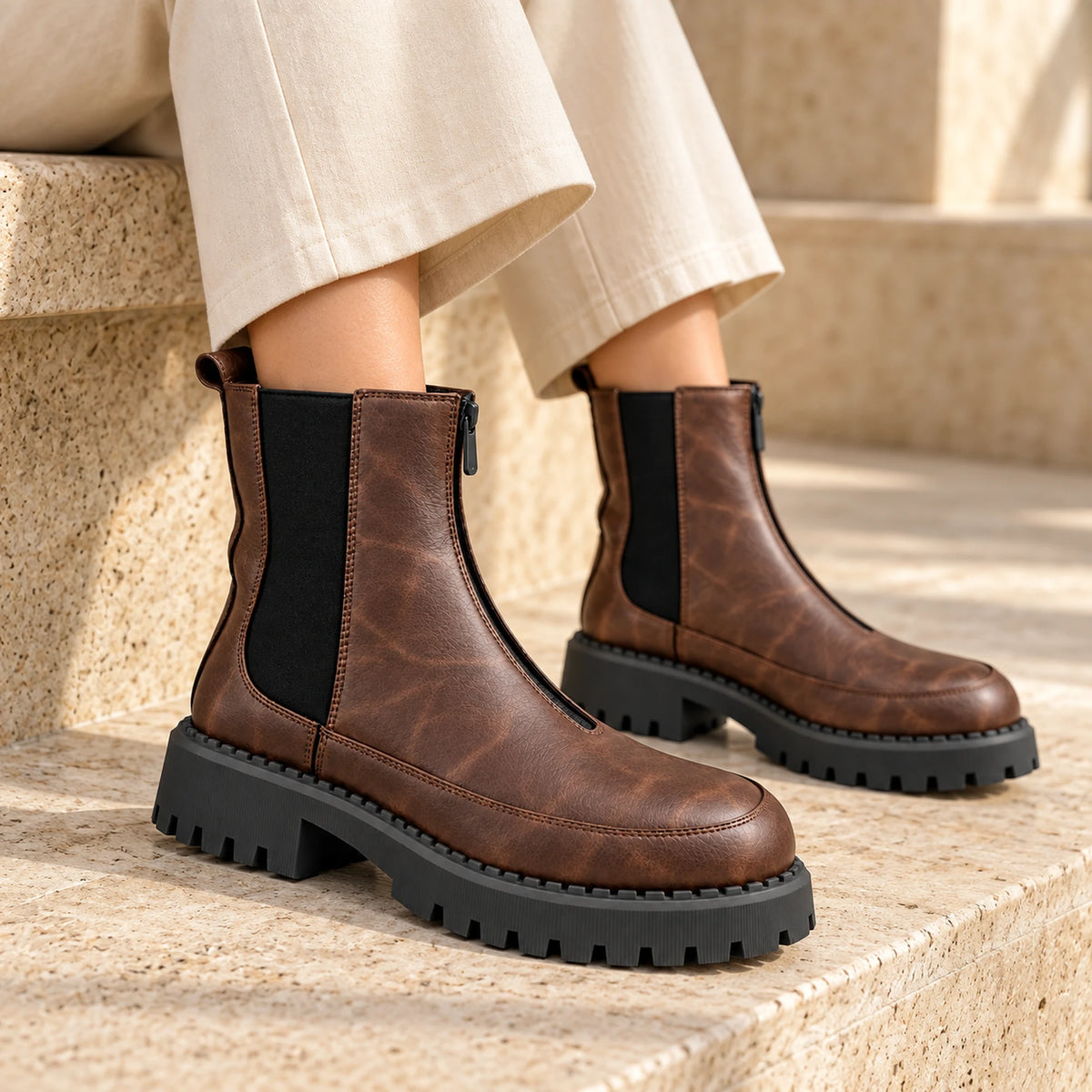 Women's Genuine Leather Chelsea Boot – Front Zip & Chunky Lug Sole