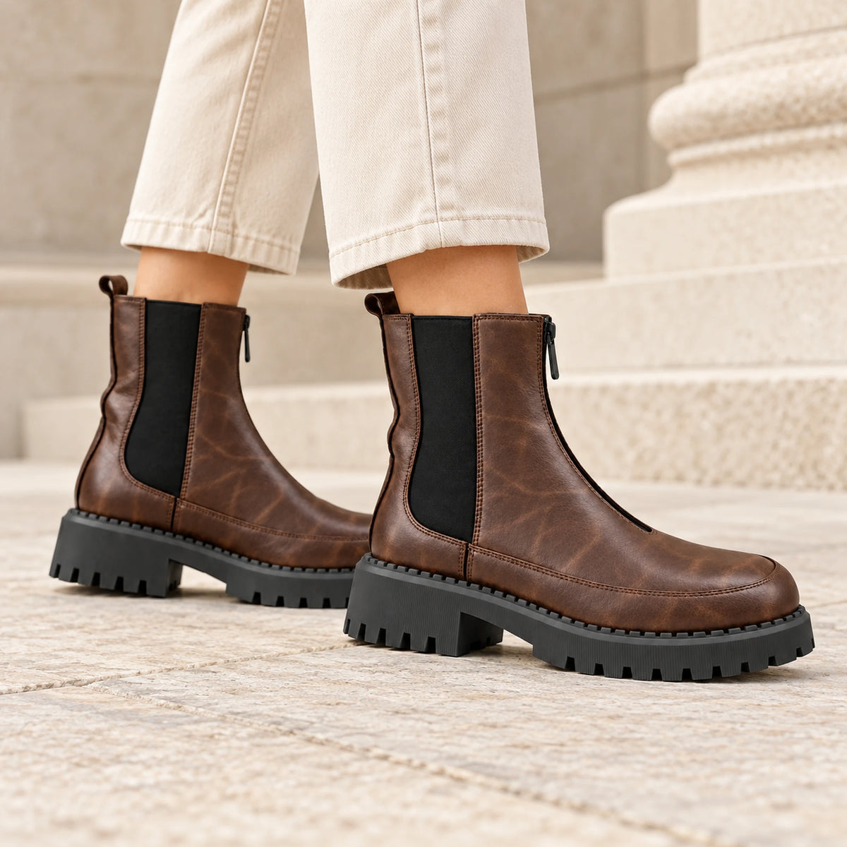 Women's Genuine Leather Chelsea Boot – Front Zip & Chunky Lug Sole