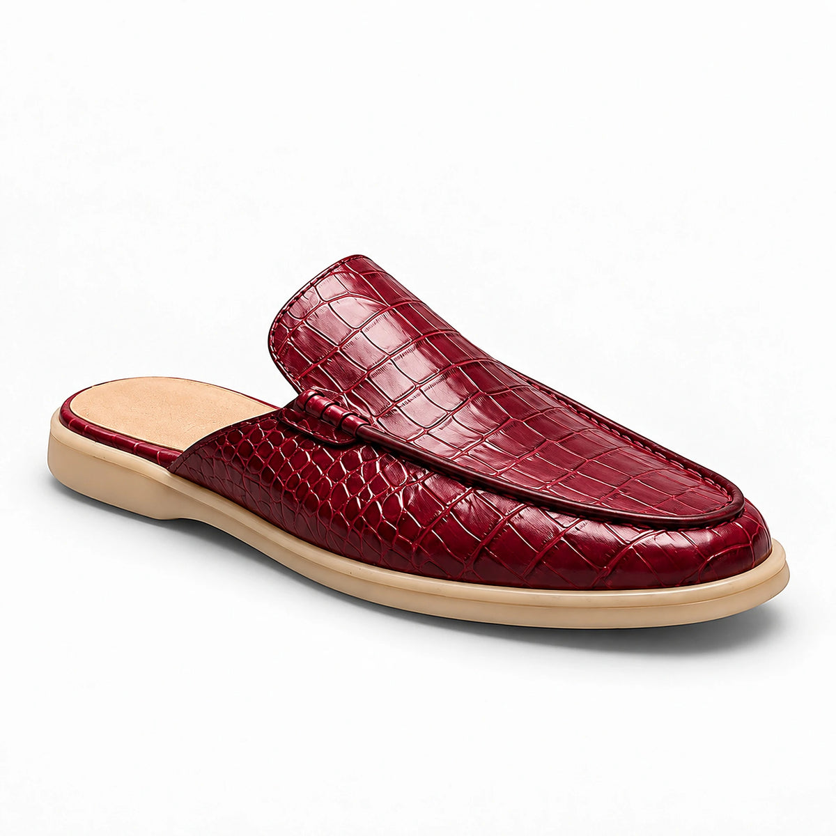 A single women's slip-on mule sandal with a glossy embossed crocodile pattern in deep burgundy red, featuring a beige footbed and a light beige outsole, shown against a plain white background.