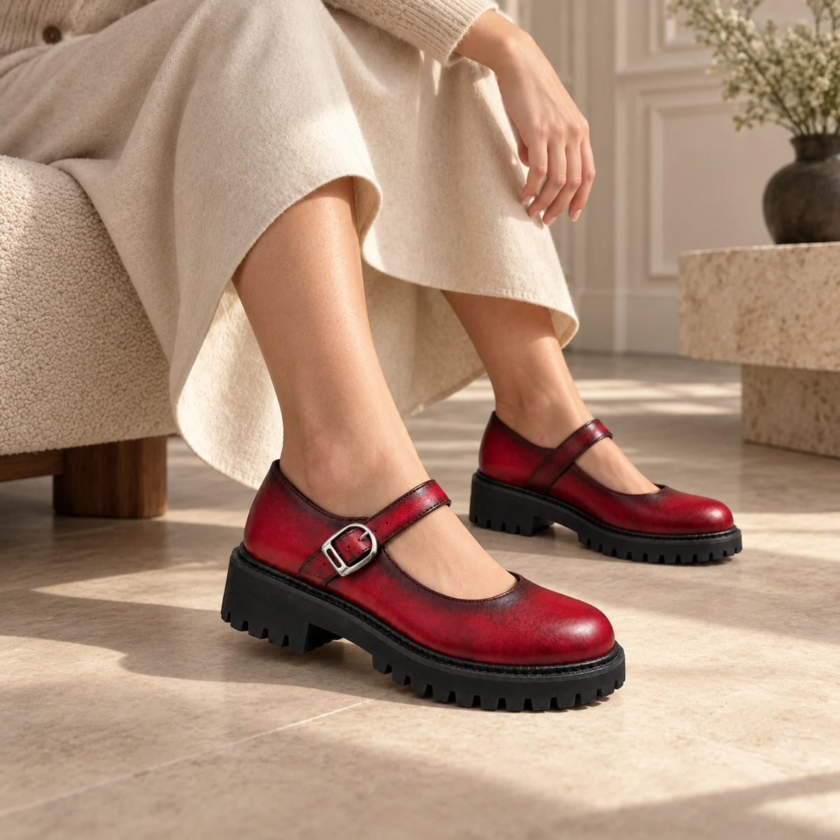 Burgundy patina Mary Jane loafer lifestyle shot 1