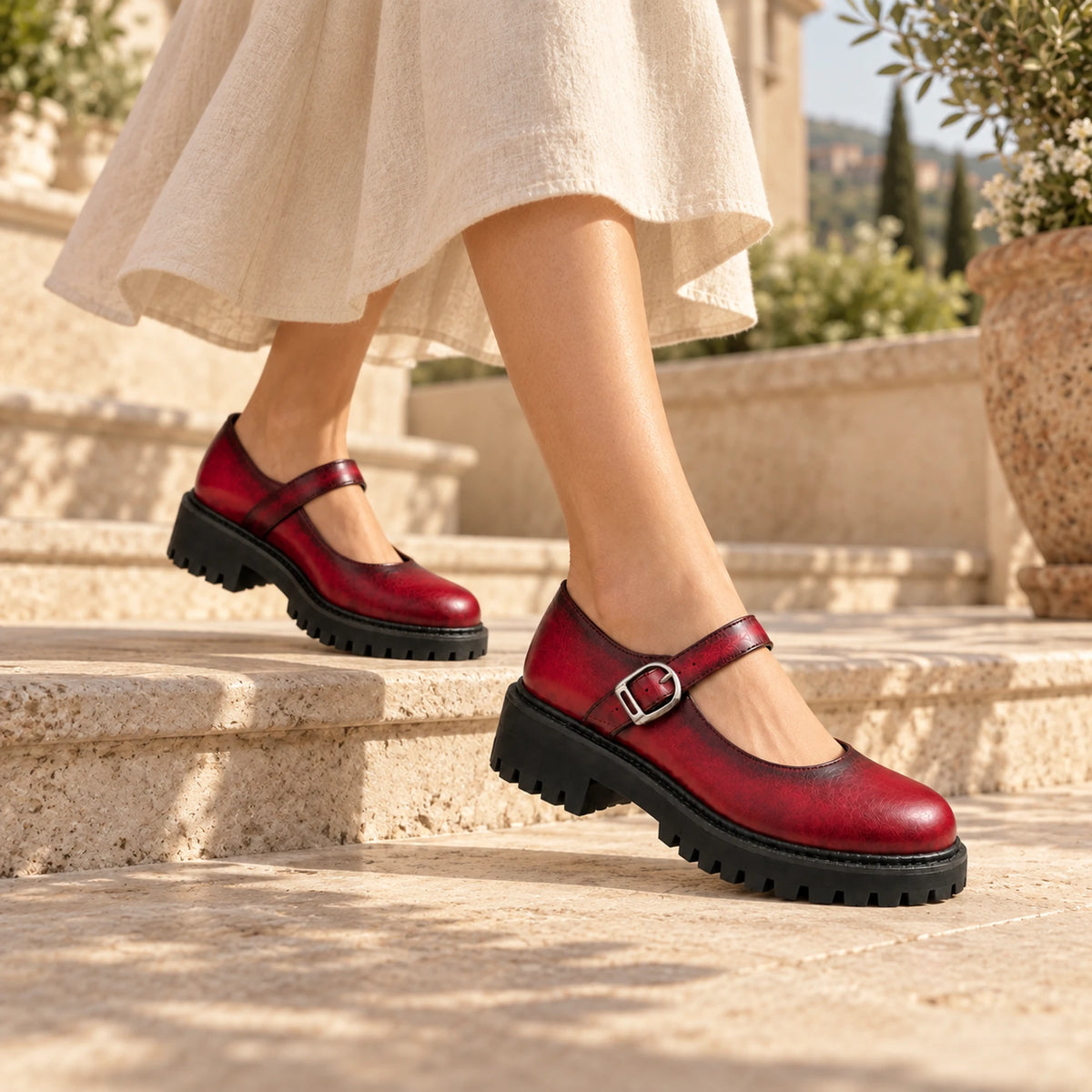 Burgundy patina Mary Jane loafer lifestyle shot 2