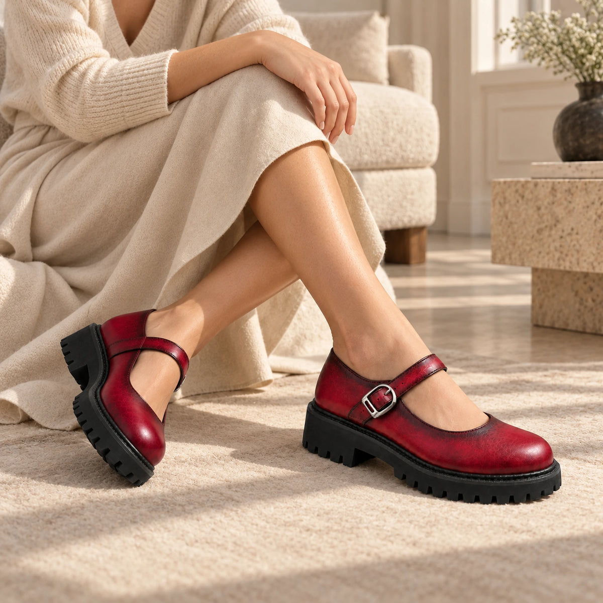 Burgundy patina Mary Jane loafer lifestyle shot 3
