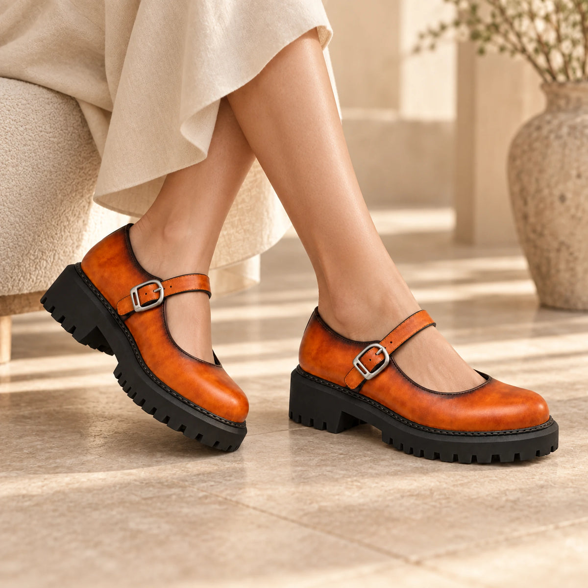 Cognac patina Mary Jane loafer lifestyle shot 1