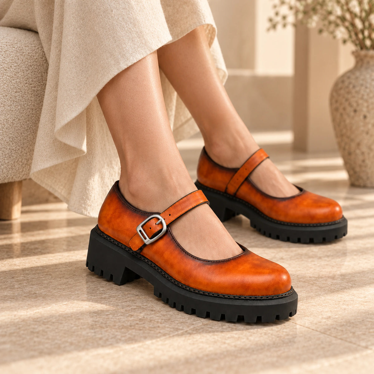 Cognac patina Mary Jane loafer lifestyle shot 3