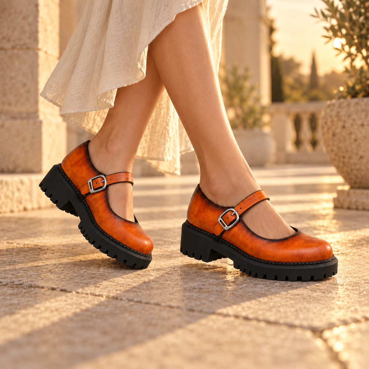Cognac patina Mary Jane loafer lifestyle shot 4