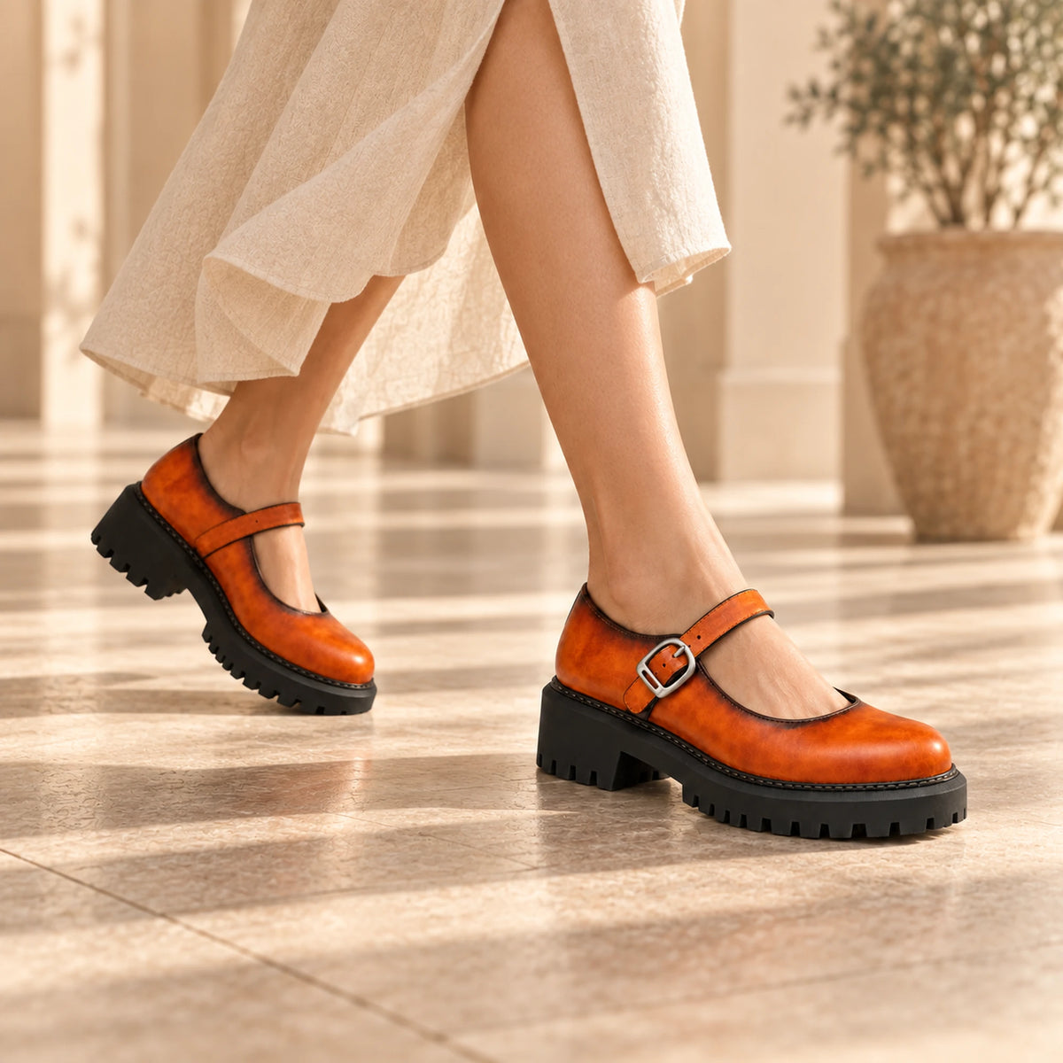 Cognac patina Mary Jane loafer lifestyle shot 6