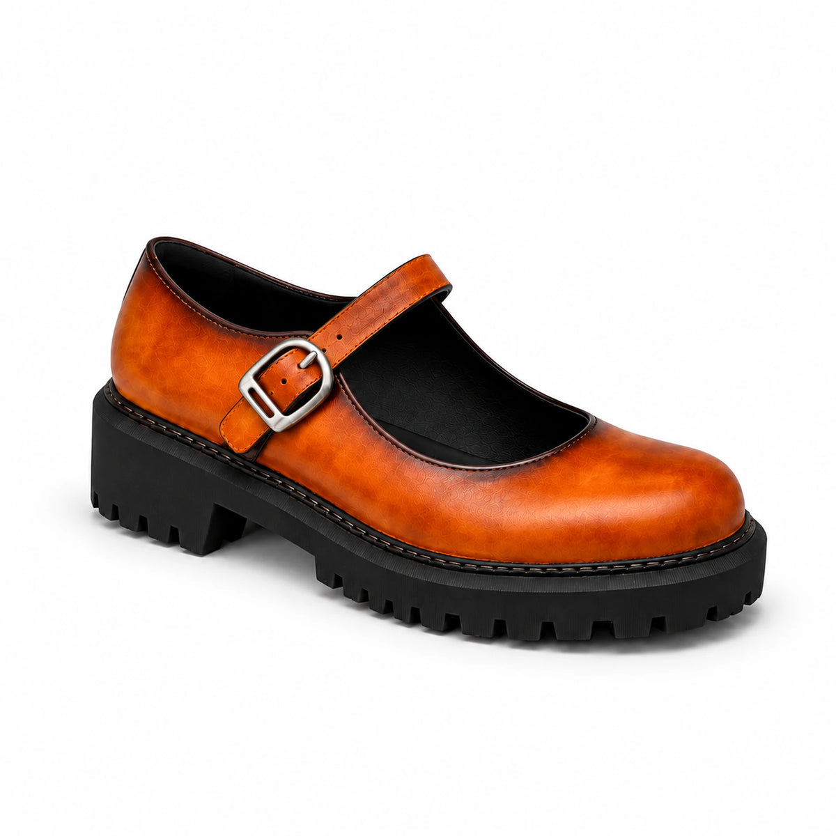 Cognac patina leather Mary Jane loafer, profile view