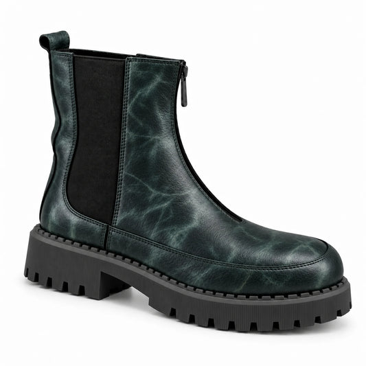 Women's Genuine Leather Chelsea Boot – Front Zip & Chunky Lug Sole