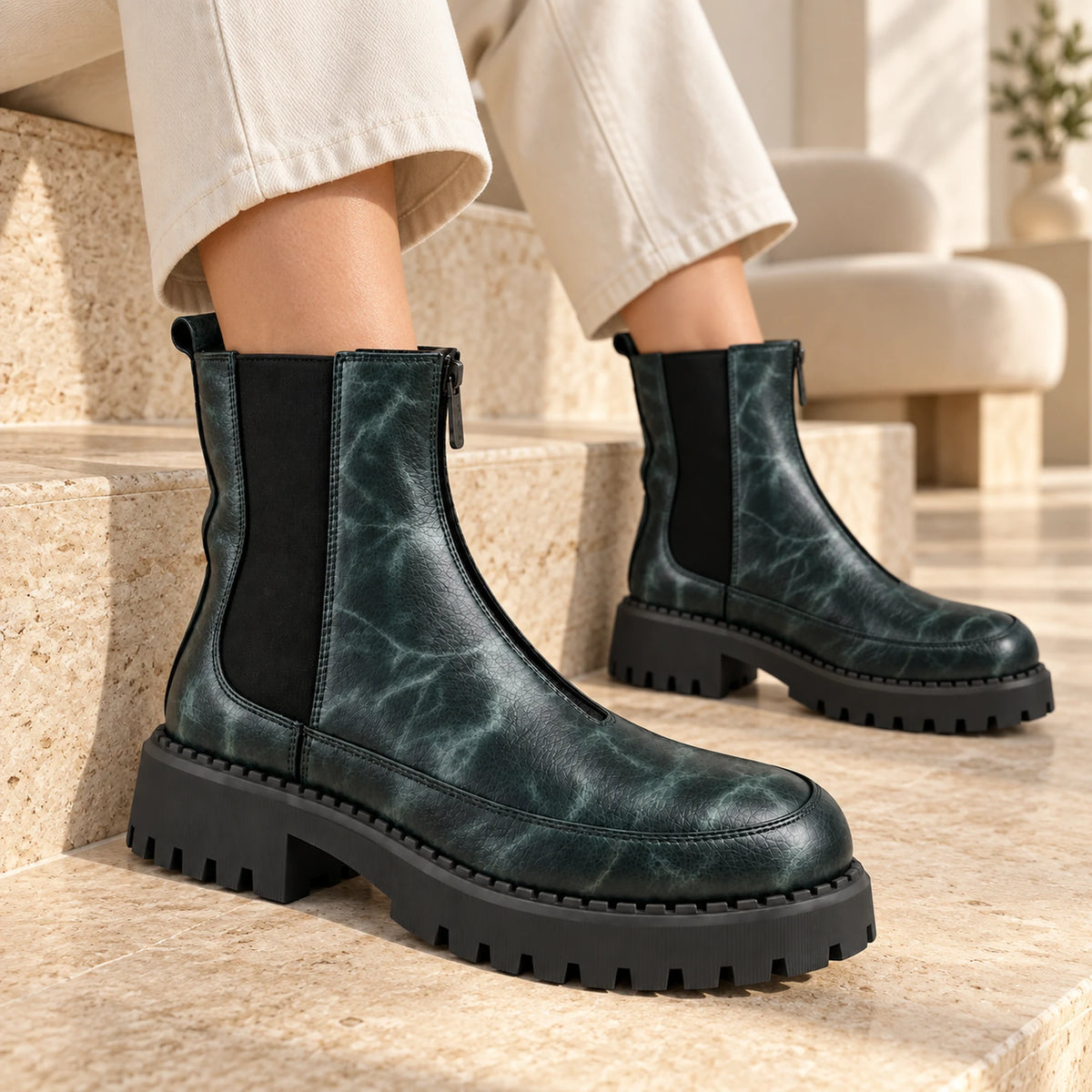 Women's Genuine Leather Chelsea Boot – Front Zip & Chunky Lug Sole