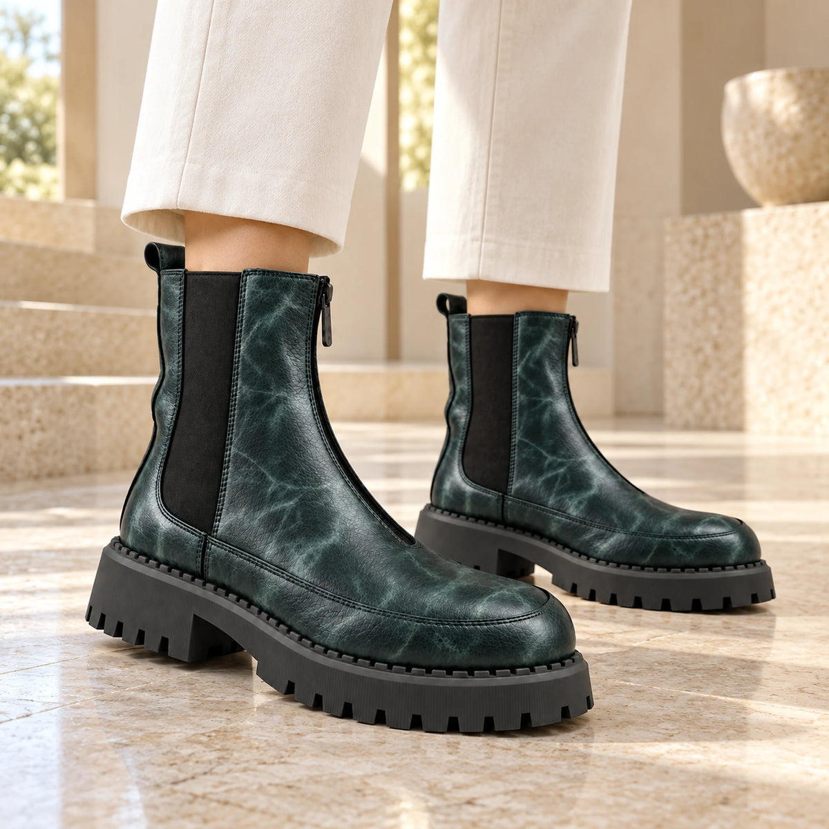 Women's Genuine Leather Chelsea Boot – Front Zip & Chunky Lug Sole