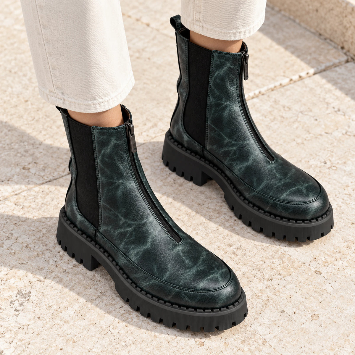 Women's Genuine Leather Chelsea Boot – Front Zip & Chunky Lug Sole