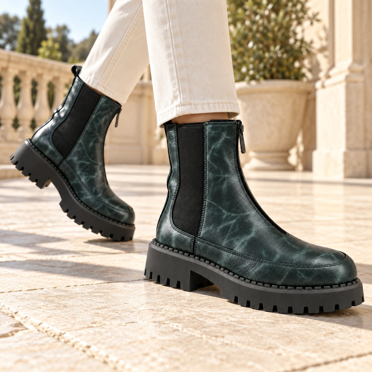 Women's Genuine Leather Chelsea Boot – Front Zip & Chunky Lug Sole